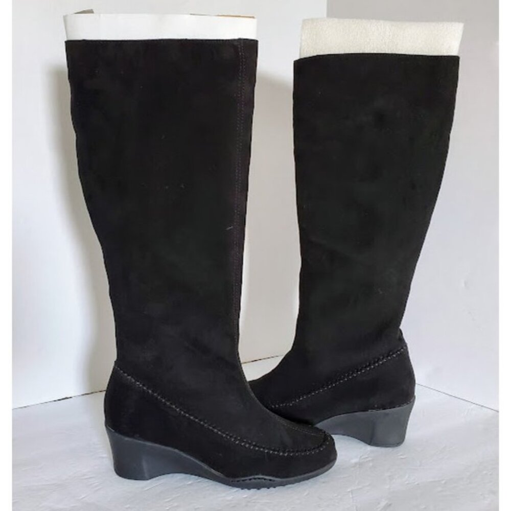 NWT Aerosoles Black Faux Suede Tall Wedge Boots Sz 6 Extended Calf 2" Heel Comfy
